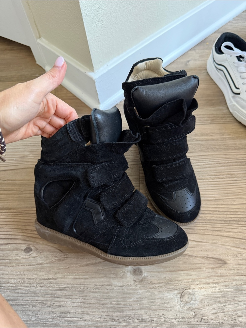 Black Suede Wedge High-Top Sneakers with Velcro Straps
